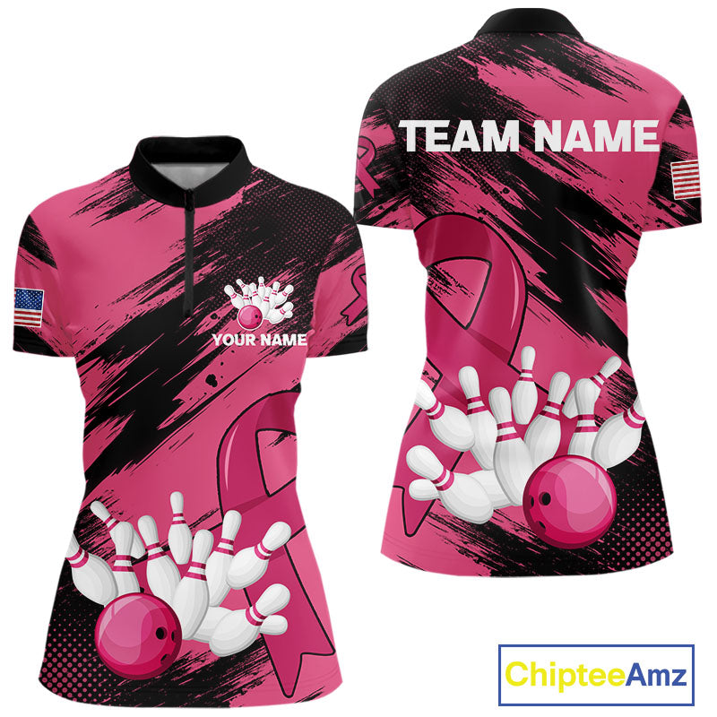Black and Pink ribbon Bowling shirts for Women Custom breast cancer American flag bowling team jersey NQS10141