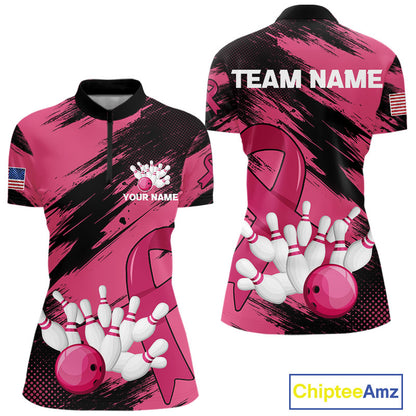 Black and Pink ribbon Bowling shirts for Women Custom breast cancer American flag bowling team jersey NQS10141