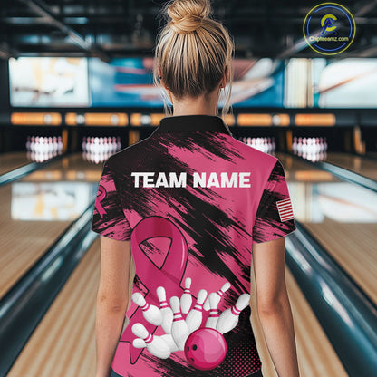 Black and Pink ribbon Bowling shirts for Women Custom breast cancer American flag bowling team jersey NQS10141