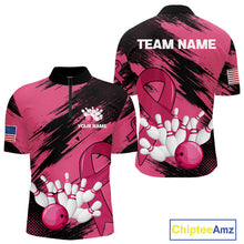 Load image into Gallery viewer, Black and Pink ribbon Bowling shirts for Men Custom breast cancer American flag bowling team jersey NQS10141