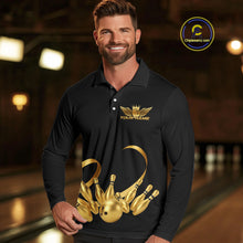 Load image into Gallery viewer, Black and Gold Ribbon Bowling Polo, 1/4 Zip Shirts For Men Custom Breast Cancer Bowling Team Shirt NQS10465