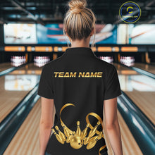 Load image into Gallery viewer, Black and Gold Ribbon Bowling Polo, 1/4 Zip Shirts For Women Custom Breast Cancer Bowling Team Shirt NQS10465