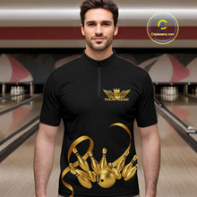Load image into Gallery viewer, Black and Gold Ribbon Bowling Polo, 1/4 Zip Shirts For Men Custom Breast Cancer Bowling Team Shirt NQS10465