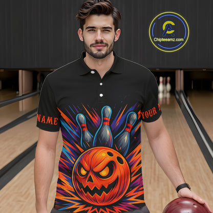 Funny Orange and Black Pumpkin Halloween Bowling Polo, 1/4 Zip Shirts For Men, Bowling Team Jersey NQS10470