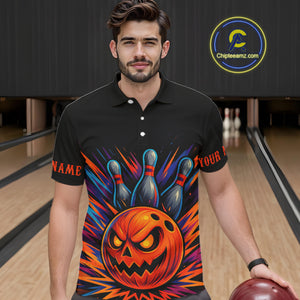 Funny Orange and Black Pumpkin Halloween Bowling Polo, 1/4 Zip Shirts For Men, Bowling Team Jersey NQS10470