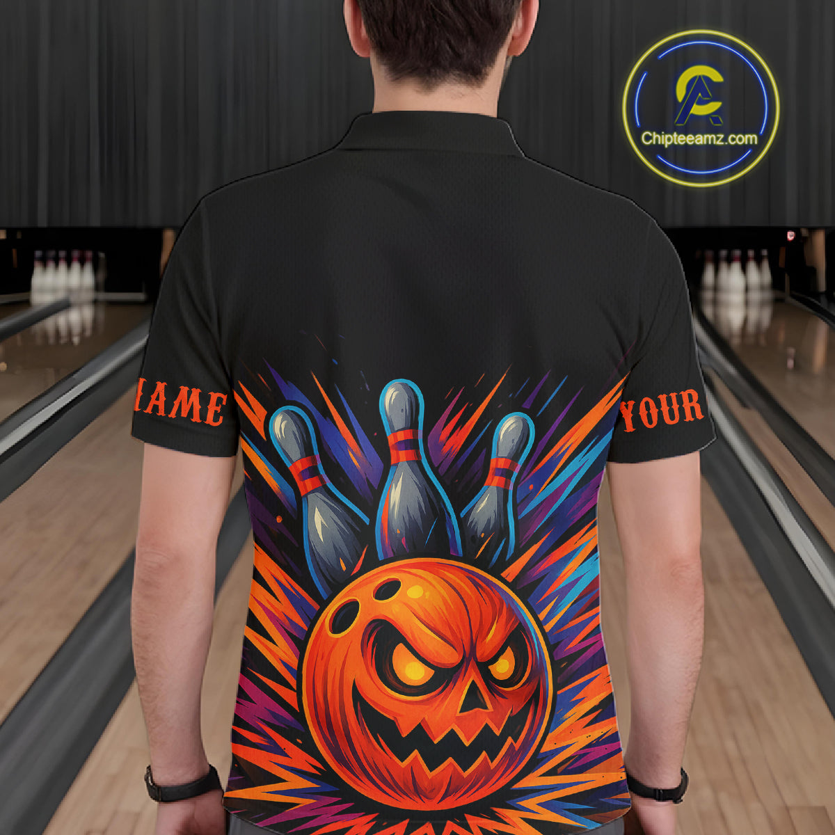Funny Orange and Black Pumpkin Halloween Bowling Polo, 1/4 Zip Shirts For Men, Bowling Team Jersey NQS10470