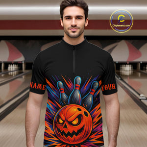 Funny Orange and Black Pumpkin Halloween Bowling Polo, 1/4 Zip Shirts For Men, Bowling Team Jersey NQS10470