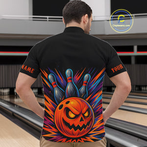 Funny Orange and Black Pumpkin Halloween Bowling Polo, 1/4 Zip Shirts For Men, Bowling Team Jersey NQS10470