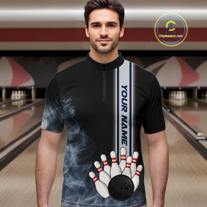 Black Smoke Bowling Polo, Quarter Zip Shirts For Men Custom Team Bowling Tournament Jerseys NQS10681