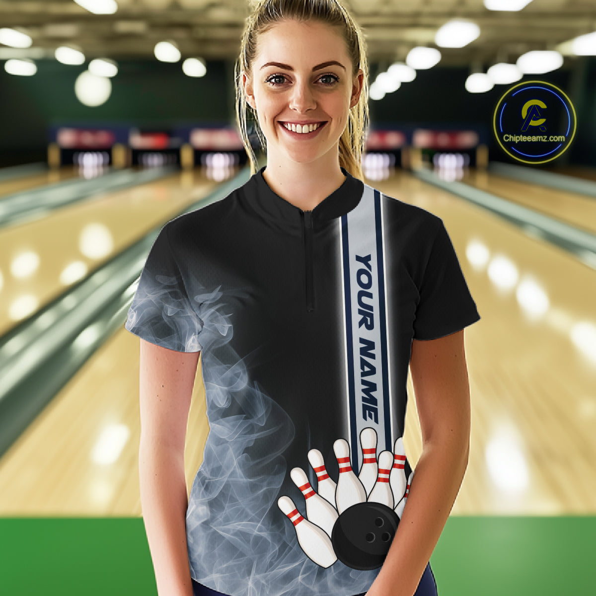 Black Smoke Bowling Polo, Quarter Zip Shirts For Women Custom Team Bowling Tournament Jerseys NQS10681