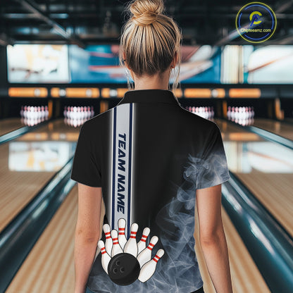 Black Smoke Bowling Polo, Quarter Zip Shirts For Women Custom Team Bowling Tournament Jerseys NQS10681