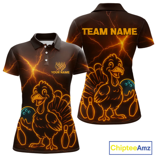 Orange Lightning Thunder Turkey Bowling Shirts For Women Custom Thanksgiving Team Bowling Jerseys NQS10682