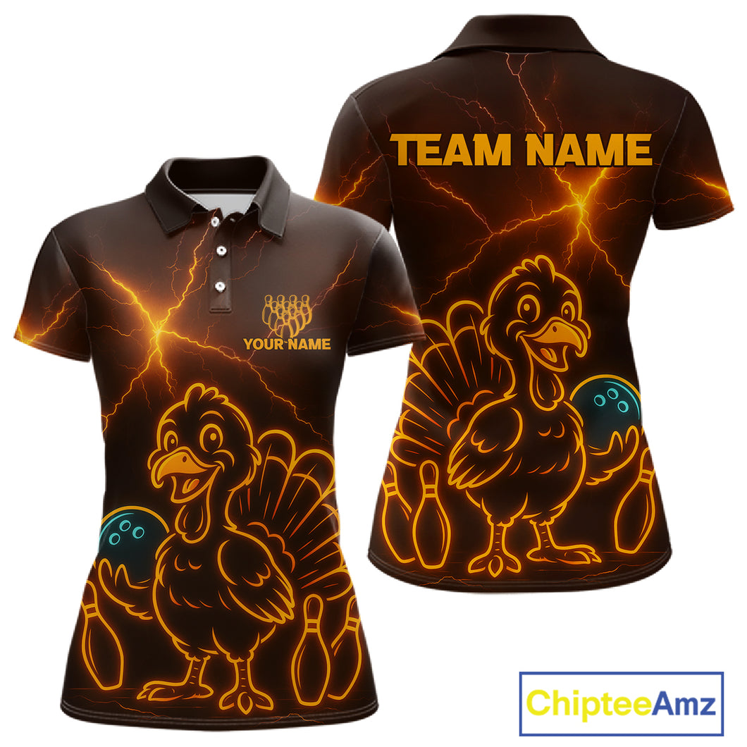 Orange Lightning Thunder Turkey Bowling Shirts For Women Custom Thanksgiving Team Bowling Jerseys NQS10682
