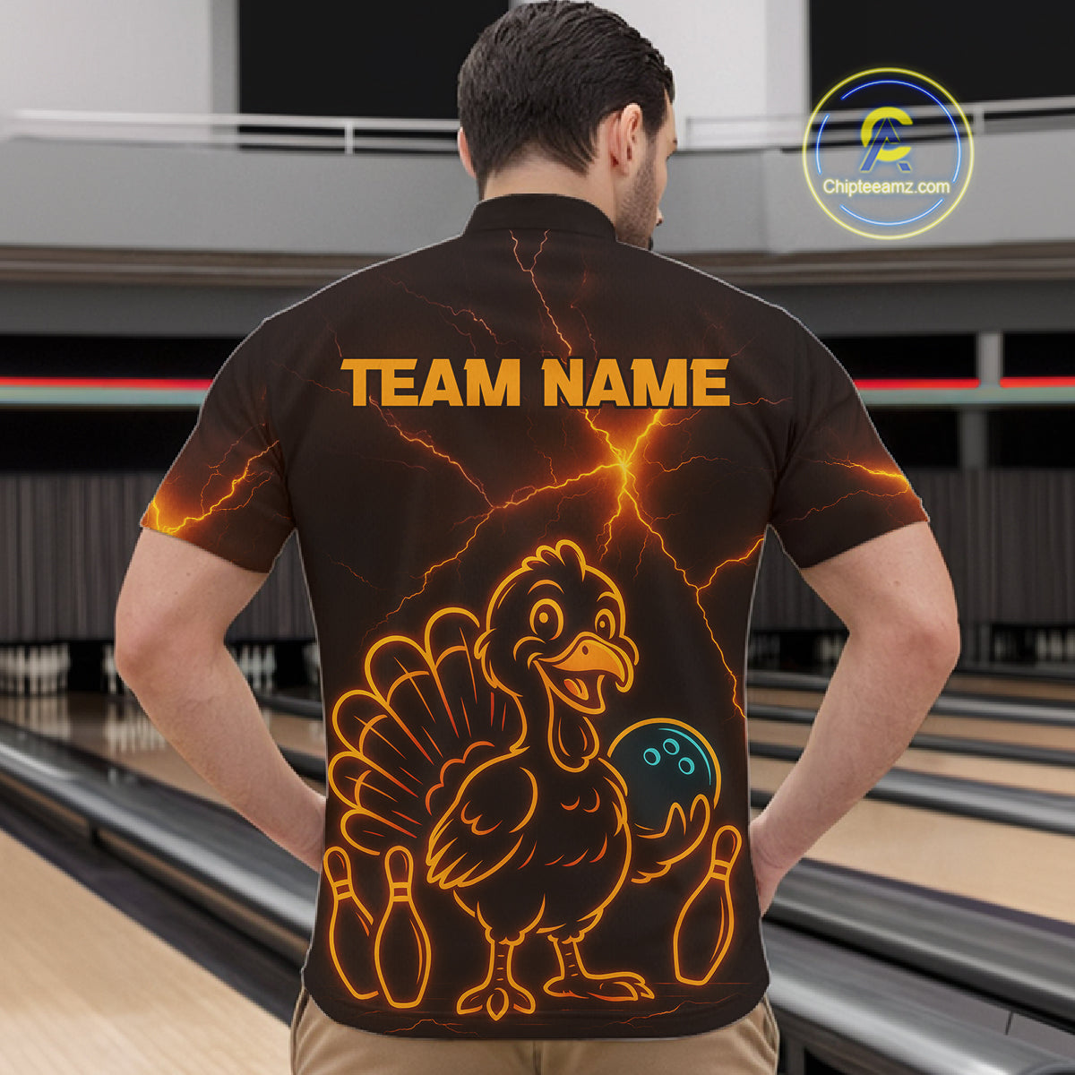 Orange Lightning Thunder Turkey Bowling Shirts For Men Custom Thanksgiving Team Bowling Jerseys NQS10682