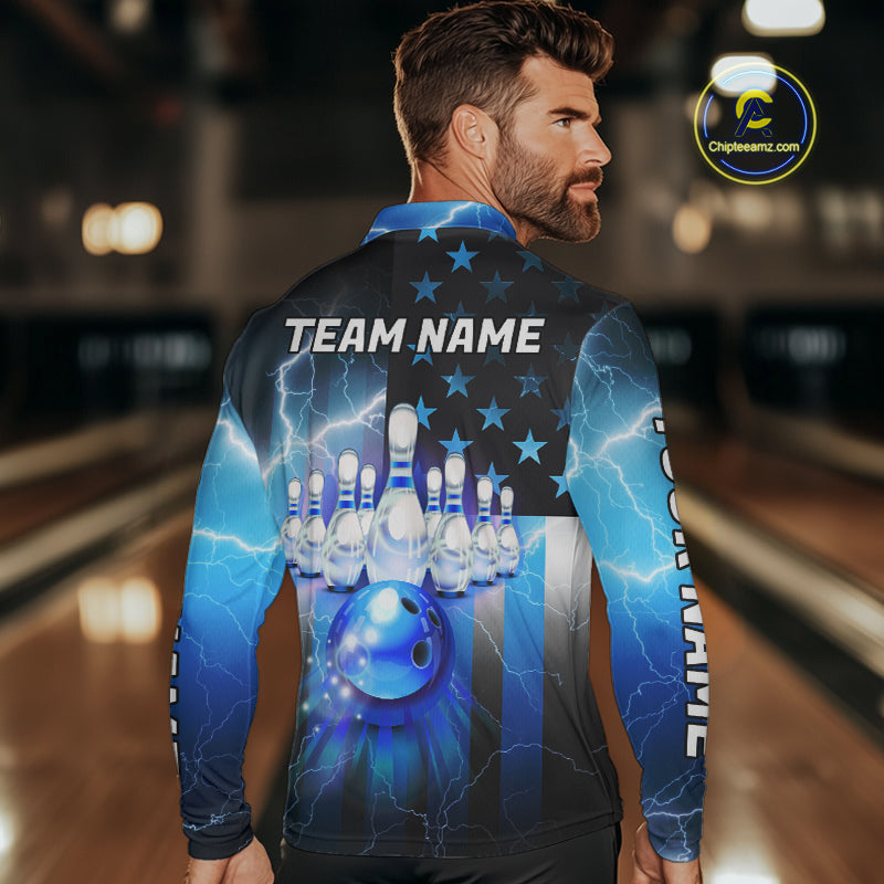Blue lightning thunder American flag Bowling shirts for Men Custom patriotic bowling team jersey NQS10148