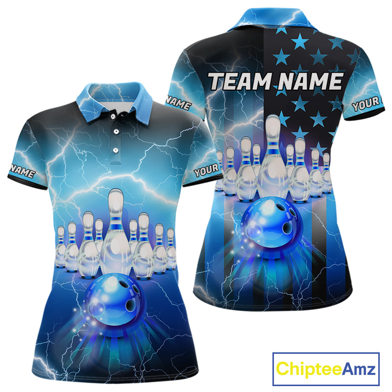 Blue lightning thunder American flag Bowling shirts for Women Custom patriotic bowling team jersey NQS10148