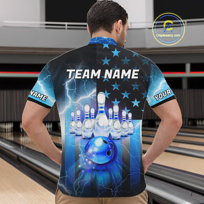 Blue lightning thunder American flag Bowling shirts for Men Custom patriotic bowling team jersey NQS10148