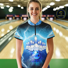 Load image into Gallery viewer, Blue lightning thunder American flag Bowling shirts for Women Custom patriotic bowling team jersey NQS10148