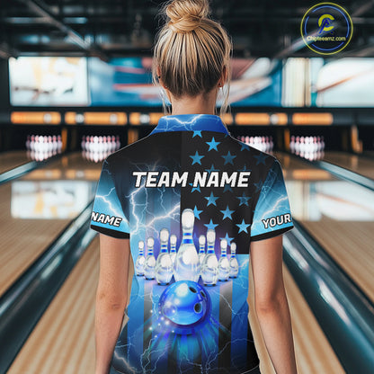 Blue lightning thunder American flag Bowling shirts for Women Custom patriotic bowling team jersey NQS10148