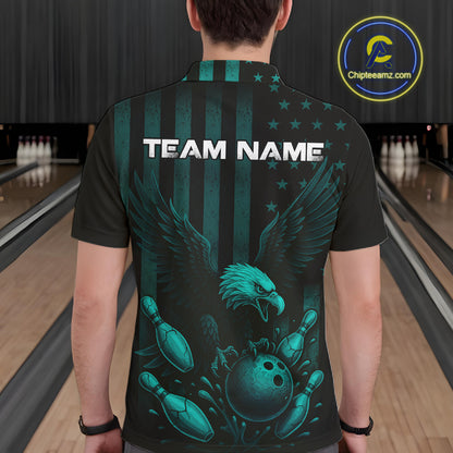 Black and Cyan Blue American Flag Eagle Bowling Shirt For Mens Custom Patriotic Team bowling jerseys NQS10478