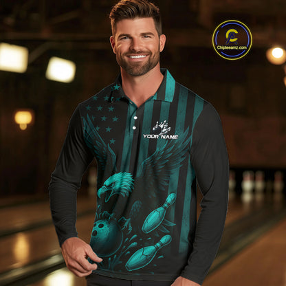 Black and Cyan Blue American Flag Eagle Bowling Shirt For Mens Custom Patriotic Team bowling jerseys NQS10478