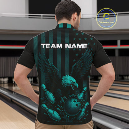 Black and Cyan Blue American Flag Eagle Bowling Shirt For Mens Custom Patriotic Team bowling jerseys NQS10478