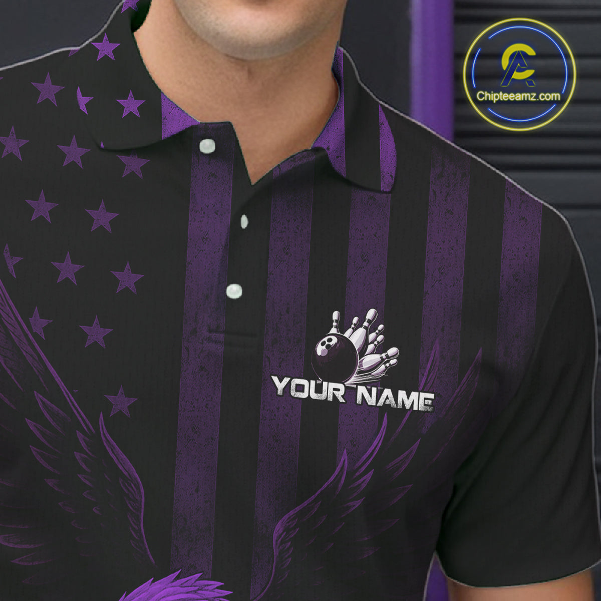 Black and Purple American Flag Eagle Bowling Shirt For Mens Custom Patriotic Team bowling jerseys NQS10479
