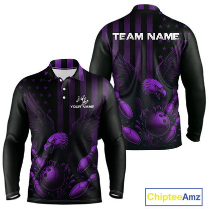 Black and Purple American Flag Eagle Bowling Shirt For Mens Custom Patriotic Team bowling jerseys NQS10479