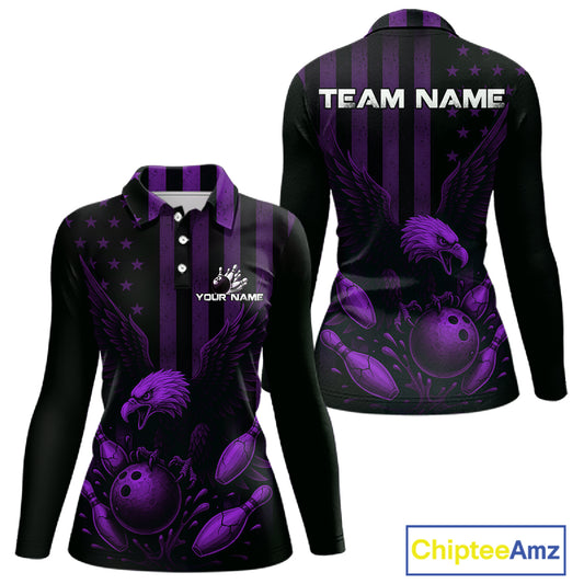 Black and Purple American Flag Eagle Bowling Shirt For Women Custom Patriotic Team bowling jerseys NQS10479