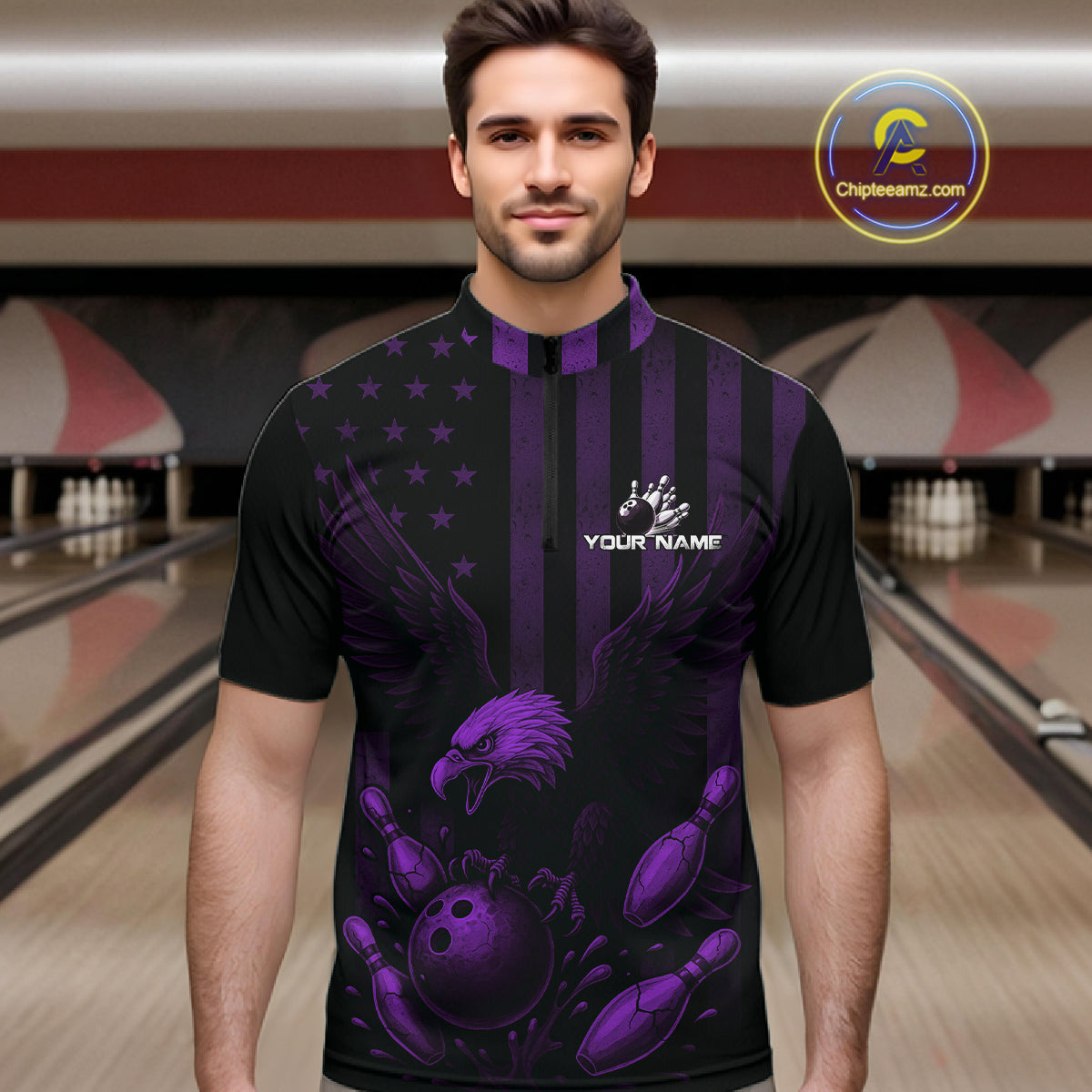 Black and Purple American Flag Eagle Bowling Shirt For Mens Custom Patriotic Team bowling jerseys NQS10479