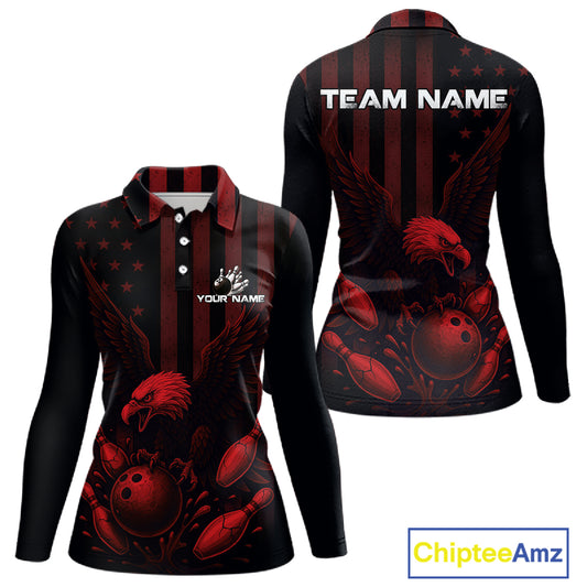 Black and Red American Flag Eagle Bowling Shirt For Women Custom Patriotic Team bowling jerseys NQS10480