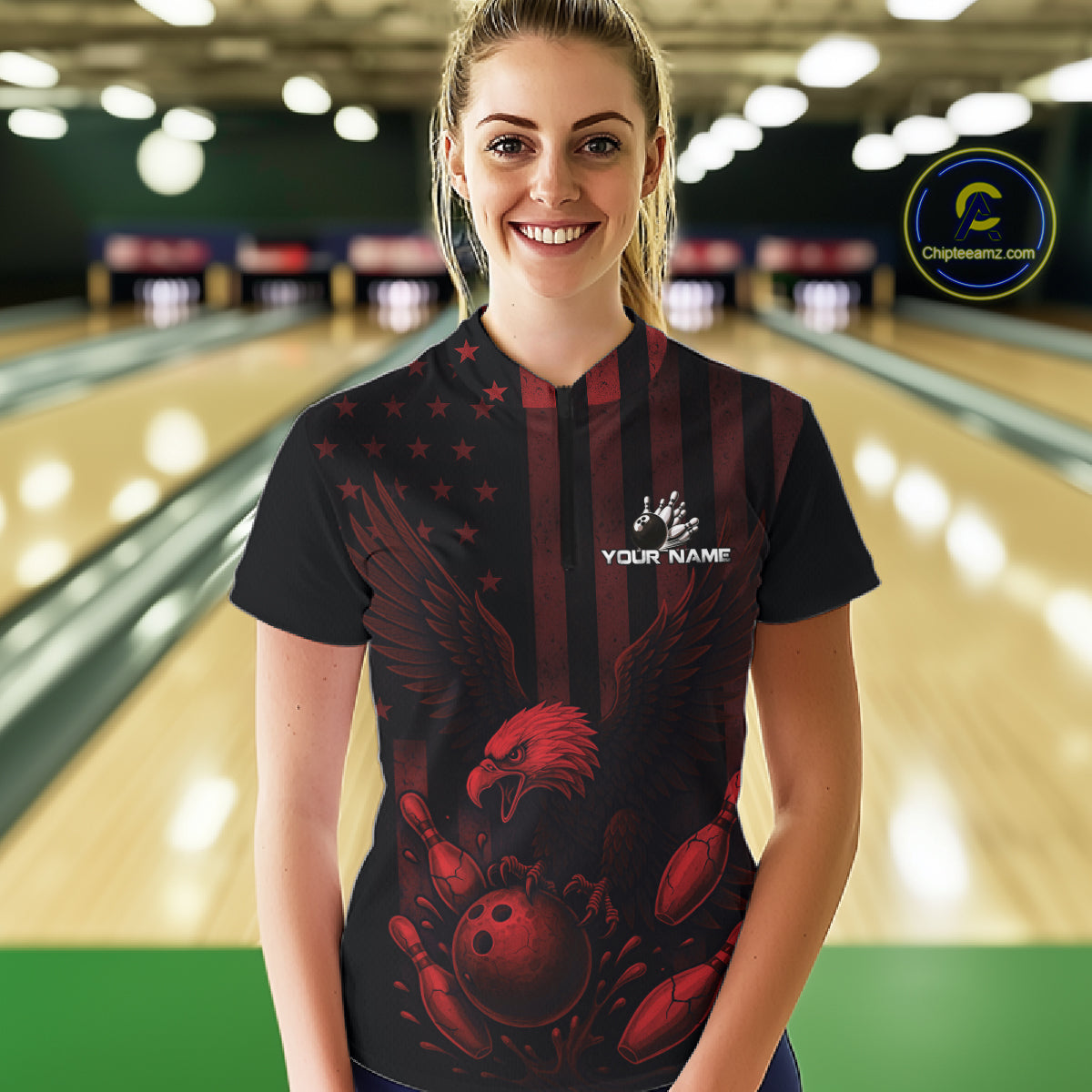 Black and Red American Flag Eagle Bowling Shirt For Women Custom Patriotic Team bowling jerseys NQS10480