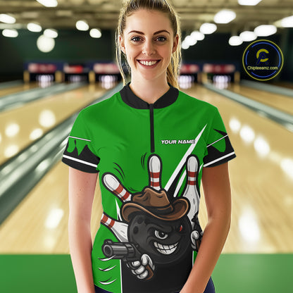 Funny Cowboy gun bowling ball and pins Bowling shirt for Women Custom bowling team jersey | Green NQS10691