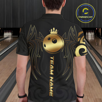 Black and Gold crown Bowling ball Polo, Quarter Zip Shirts for Men Custom Bowling Team jerseys NQS10499