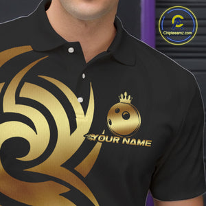 Black and Gold crown Bowling ball Polo, Quarter Zip Shirts for Men Custom Bowling Team jerseys NQS10499