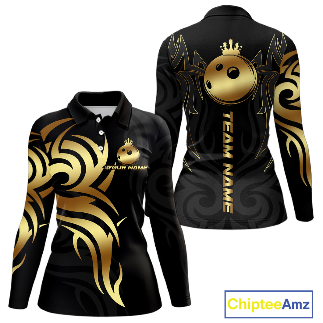 Black and Gold crown Bowling ball Polo, Quarter Zip Shirts for Women Custom Bowling Team jerseys NQS10499
