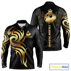 Black and Gold crown Bowling ball Polo, Quarter Zip Shirts for Men Custom Bowling Team jerseys NQS10499