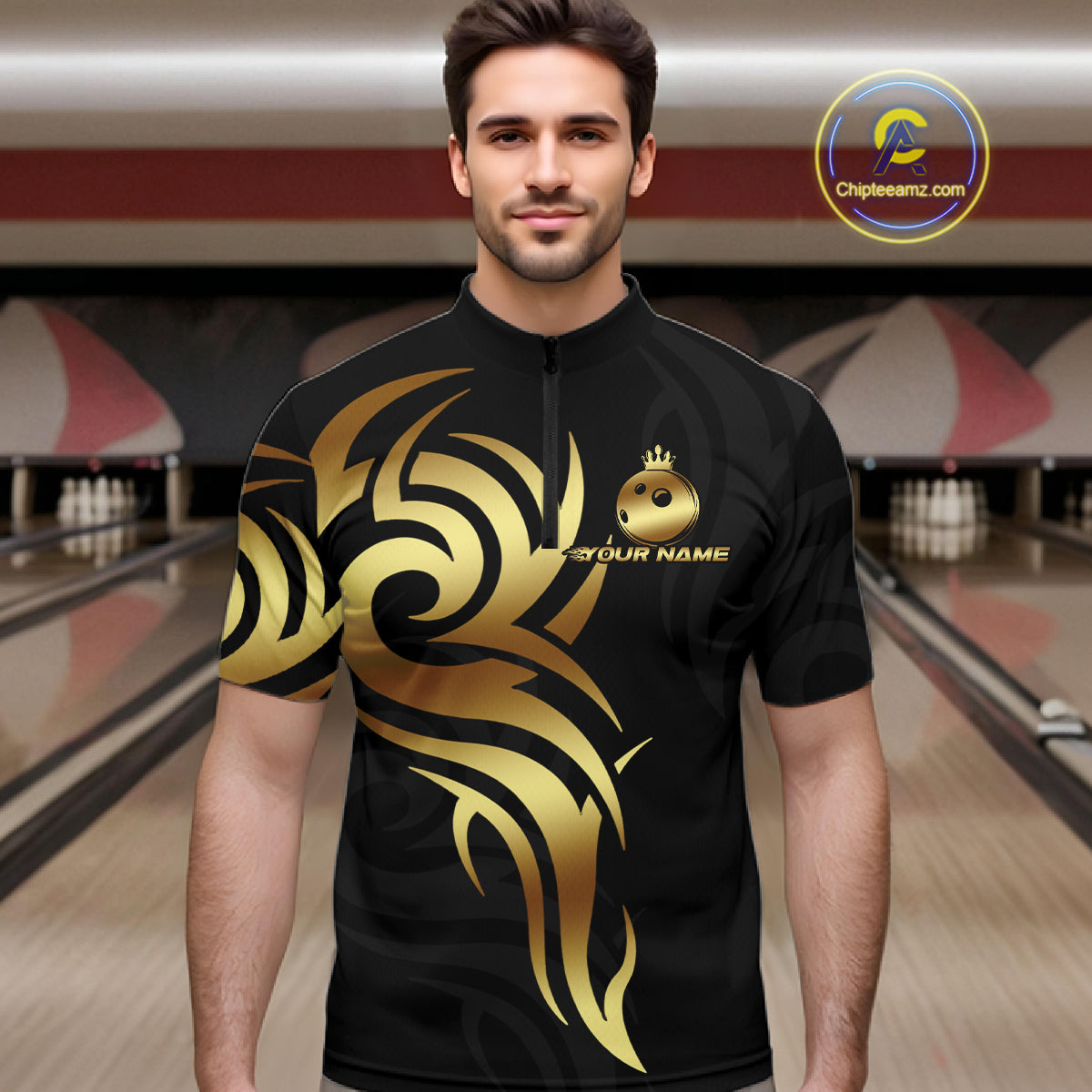 Black and Gold crown Bowling ball Polo, Quarter Zip Shirts for Men Custom Bowling Team jerseys NQS10499