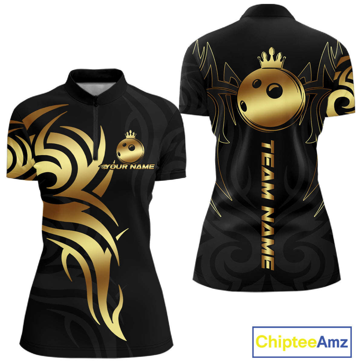 Black and Gold crown Bowling ball Polo, Quarter Zip Shirts for Women Custom Bowling Team jerseys NQS10499