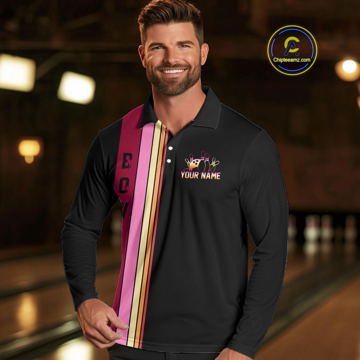 Black and Pink Retro Bowling Polo, Quarter Zip Shirts for Men Custom Team Bowling League Jerseys NQS10503