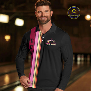 Black and Pink Retro Bowling Polo, Quarter Zip Shirts for Men Custom Team Bowling League Jerseys NQS10503