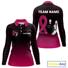 Load image into Gallery viewer, Black and Pink ribbon pattern Bowling shirts for Women Custom breast cancer bowling team jerseys NQS10158