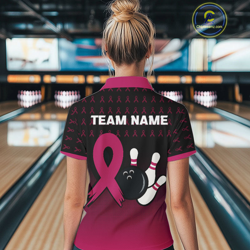 Black and Pink ribbon pattern Bowling shirts for Women Custom breast cancer bowling team jerseys NQS10158