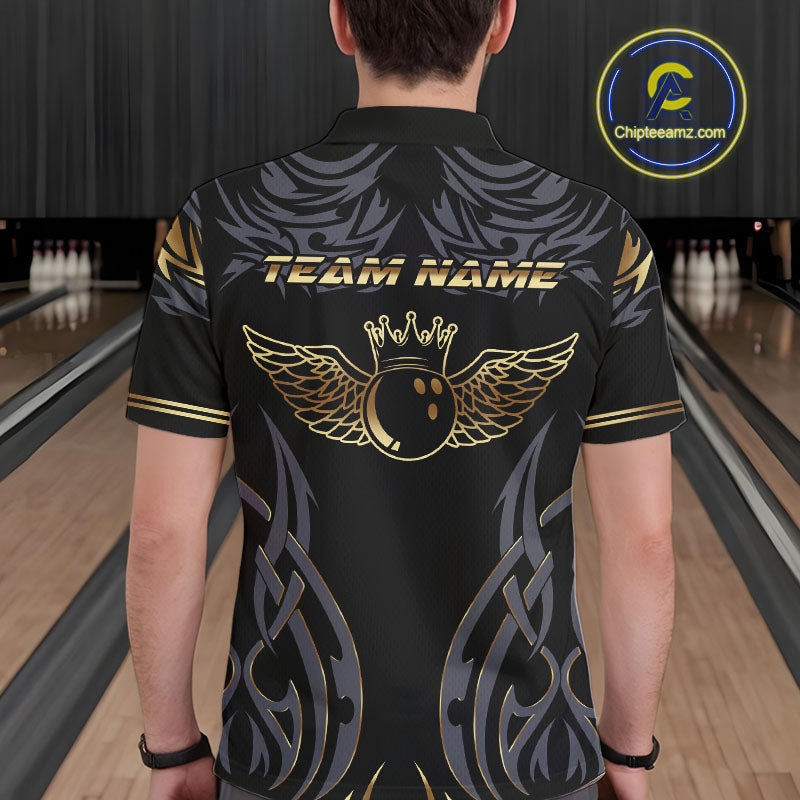 Personalized Black And Gold tribal pattern Bowling Shirts For Men, angel wings Bowling Team jerseys NQS10298