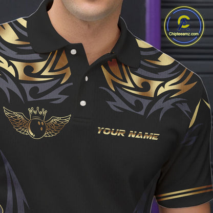 Personalized Black And Gold tribal pattern Bowling Shirts For Men, angel wings Bowling Team jerseys NQS10298