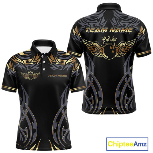 Personalized Black And Gold tribal pattern Bowling Shirts For Men, angel wings Bowling Team jerseys NQS10298