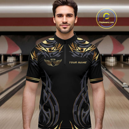 Personalized Black And Gold tribal pattern Bowling Shirts For Men, angel wings Bowling Team jerseys NQS10298