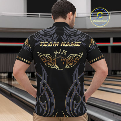 Personalized Black And Gold tribal pattern Bowling Shirts For Men, angel wings Bowling Team jerseys NQS10298