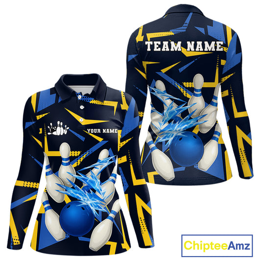 Personalized Blue & Yellow camo lightning thunder Bowling Shirts For Women Custom Bowling Team jersey NQS10305