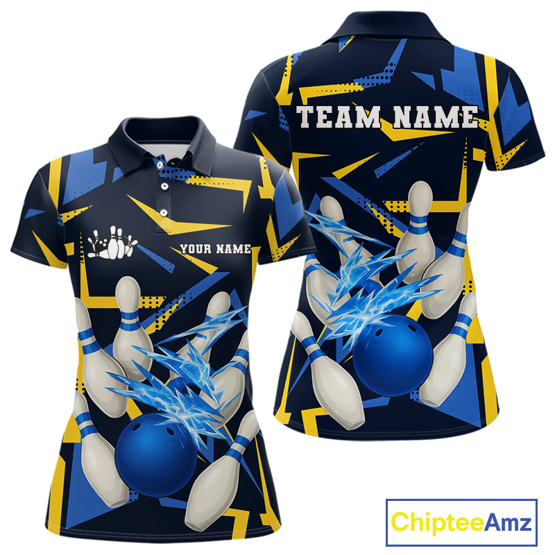Personalized Blue & Yellow camo lightning thunder Bowling Shirts For Women Custom Bowling Team jersey NQS10305